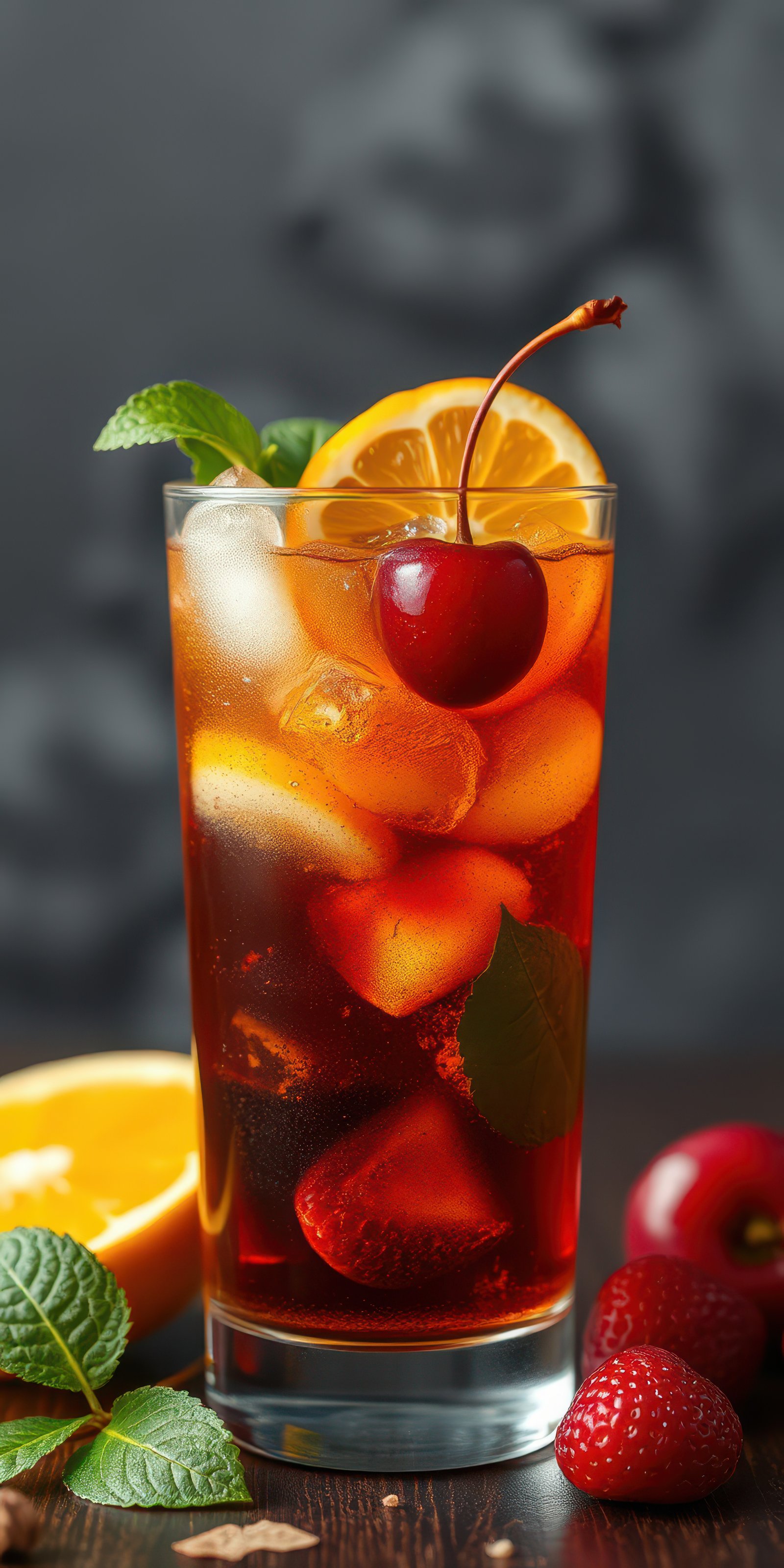 Refreshing cherry and orange cocktail garnished with mint on a wooden table